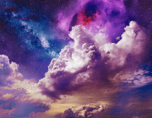 Vibrant cosmic clouds blend with stars and colors in a stunning evening sky at dusk