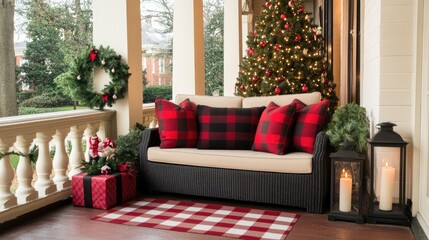 The front porch is beautifully adorned for Christmas, featuring plush plaid cushions, glowing lanterns, and cheerful wreaths, inviting warmth during the festive season