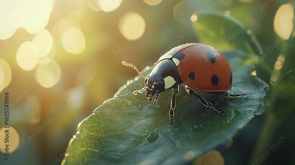 Sticker   A close-up of a ladybug on a leaf, illuminated by sunlight filtering through the background foliage