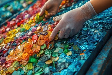 Gloved hands sorting through colorful plastic pieces for recycling.