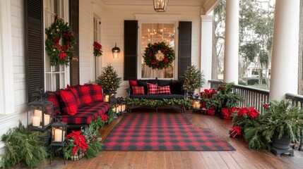 The front porch is beautifully adorned for Christmas, featuring plush plaid cushions, glowing lanterns, and cheerful wreaths, inviting warmth during the festive season