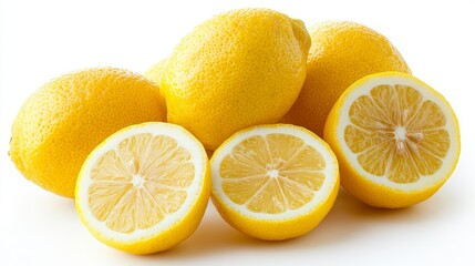 Assortment of lemons and lemon slices, vividly displayed on a white backdrop, showcasing their natural shine