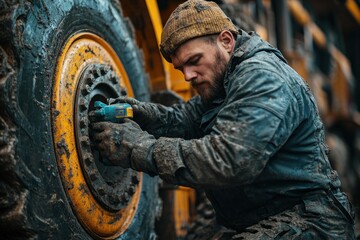 A mechanic wearing a beanie and work gloves is working on the wheel of a large truck.