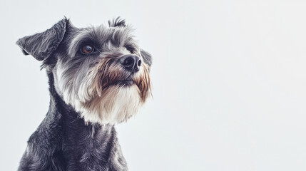 A happy schnauzer posed in a bright studio with professional lighting on a white background