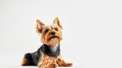 A cheerful Yorkshire terrier poses for the camera in bright studio lighting against a clean white background