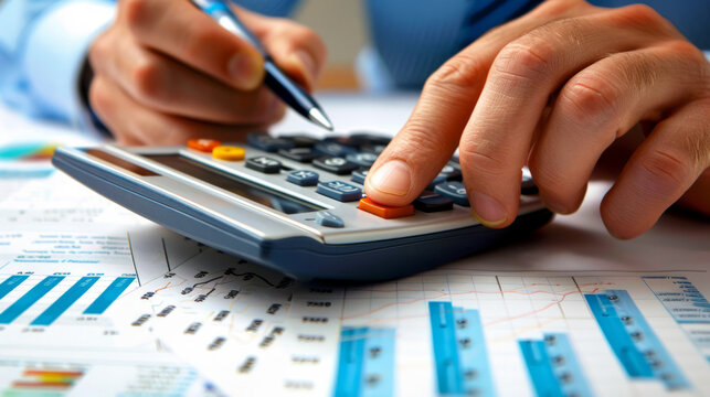 Hands operating a financial calculator while analyzing reports at a desk during the day