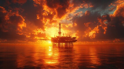 Fototapeta premium An oil rig stands silhouetted against a fiery sunset, reflecting the fiery hues of the sky in the water.