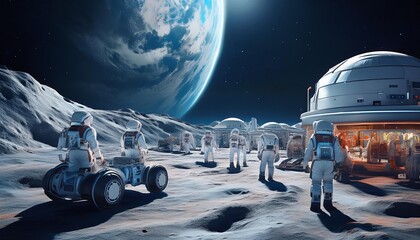 A futuristic scene of  a base on the moon with people working on the base with the Earth in the background. AI Generated image