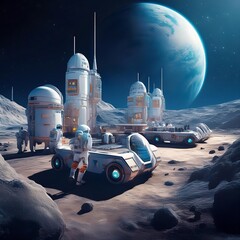 A futuristic scene of  a base on the moon with people working on the base with the Earth in the background. AI Generated image