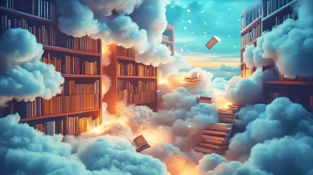 A whimsical library floating among clouds, where glowing books drift softly alongside dreamy readers in a surreal sky - Powered by Adobe