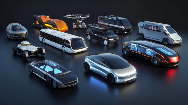 Feature a range of smart vehicles, such as self-driving cars, electric buses, drones, hyperloop trains, and flying taxis. 