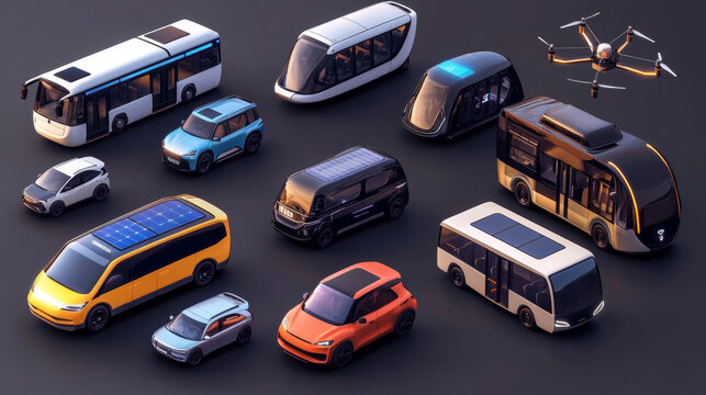 Feature a range of smart vehicles, such as self-driving cars, electric buses, drones, hyperloop trains, and flying taxis. 
