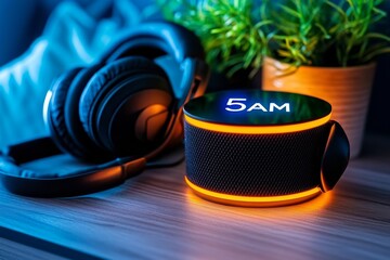 Setting a phone alarm for 5 AM, with the nightstand organized for an early morning start, showing the commitment to waking up early