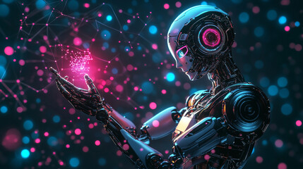 Feature futuristic robots or humanoid AI beings, engaged in activities like learning, problem-solving, or creative work. 