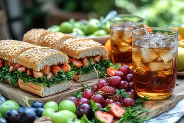 A picnic table is set with sandwiches, fresh fruit and iced tea.