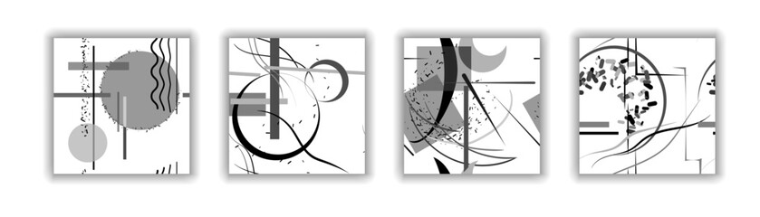 Set of seamless patterns. Black and white, monochrome, geometric shapes, abstract lines. Vector
