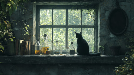 Plakat Сat on window. A creepy, old witch's cottage in the woods, with potion bottles, spell books, and a black cat sitting on the windowsill