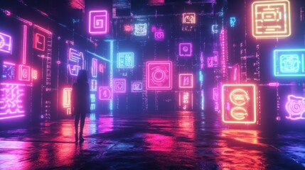 A Silhouette Standing in a Neon-Lit Digital Cityscape