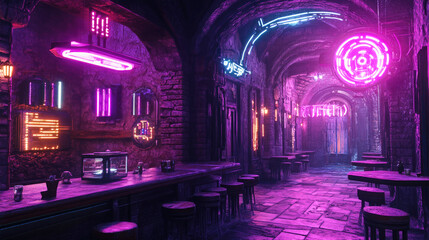 Fototapeta premium A vibrant cyberpunk café blends futuristic technology with the ancient stone charm of a gothic castle