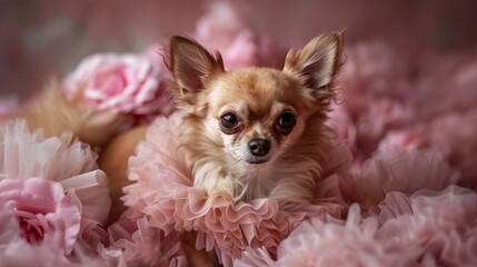 A small brown and white dog is laying on a bed of pink flowers