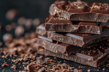 Close-up of a stack of dark chocolate bars with chocolate shavings on a dark background.