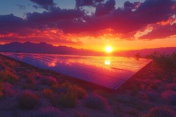 Fototapeta premium A solar panel farm in the desert at sunset with a vibrant sky.