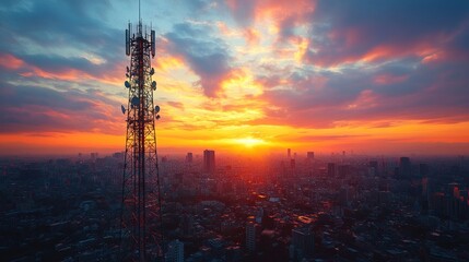 A tall cell phone tower stands tall against a backdrop of a vibrant city skyline and a fiery sunset.