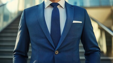 Close-up of a businessman in a blue suit and tie, standing on a staircase, with a white pocket square.