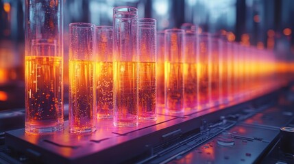A row of glass test tubes filled with a glowing orange liquid, arranged on a futuristic metal surface.