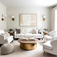 Modern Minimalist Living Room with Elegant Neutral Tones, Wooden Accents, and Abstract Wall Art