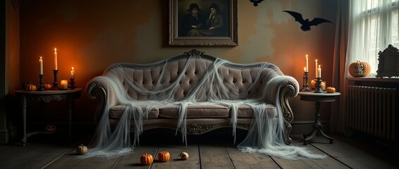 Haunted living room interior cobwebs on vintage couch candles pumpkins and creepy paintings Halloween decoration