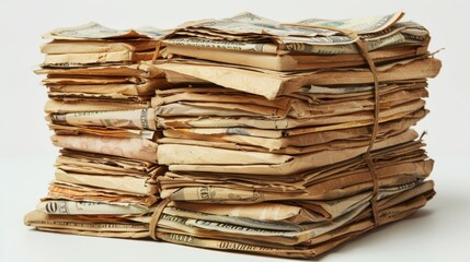 Enormous bundles of paper money arranged in stacks, highlighting wealth accumulation and deposit safety, isolated on white