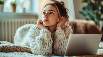 A woman studies on her laptop while relaxing on a cozy bed in a warm, inviting room during a quiet afternoon