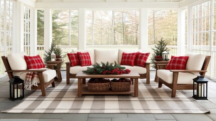 This charming modern farmhouse patio is decorated for Christmas with red plaid pillows, evergreen branches, and rustic lanterns, offering a warm holiday atmosphere