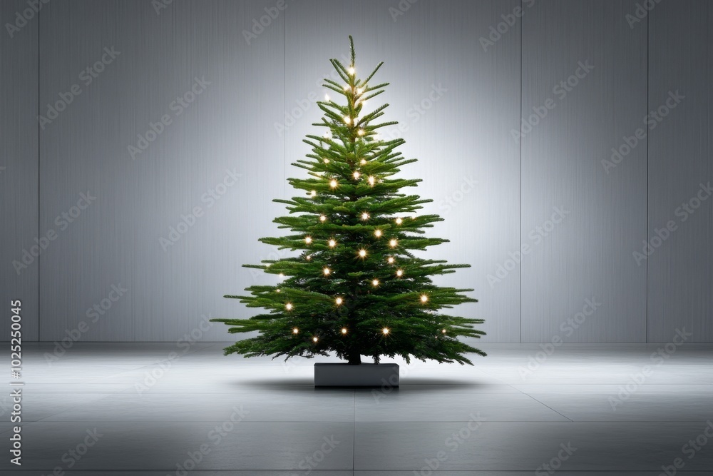 Poster simple pine tree with just a few white lights, set against a clean, white background, creating a cal