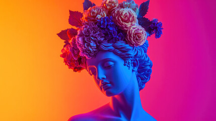A Classical Greek statue adorned with an autumn bouquet, illuminated by vibrant neon lights in an artistic backdrop
