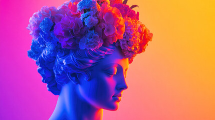 A classical Greek statue adorned with a vibrant autumn bouquet, glowing under neon lights of purple and blue