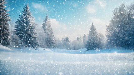 Fototapeta premium A serene winter wonderland scene with snow-laden trees and falling snowflakes under a clear blue sky