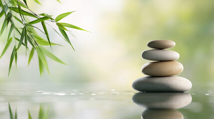Obraz premium Zen Stones Stacked on Water with Bamboo Leaves Background
