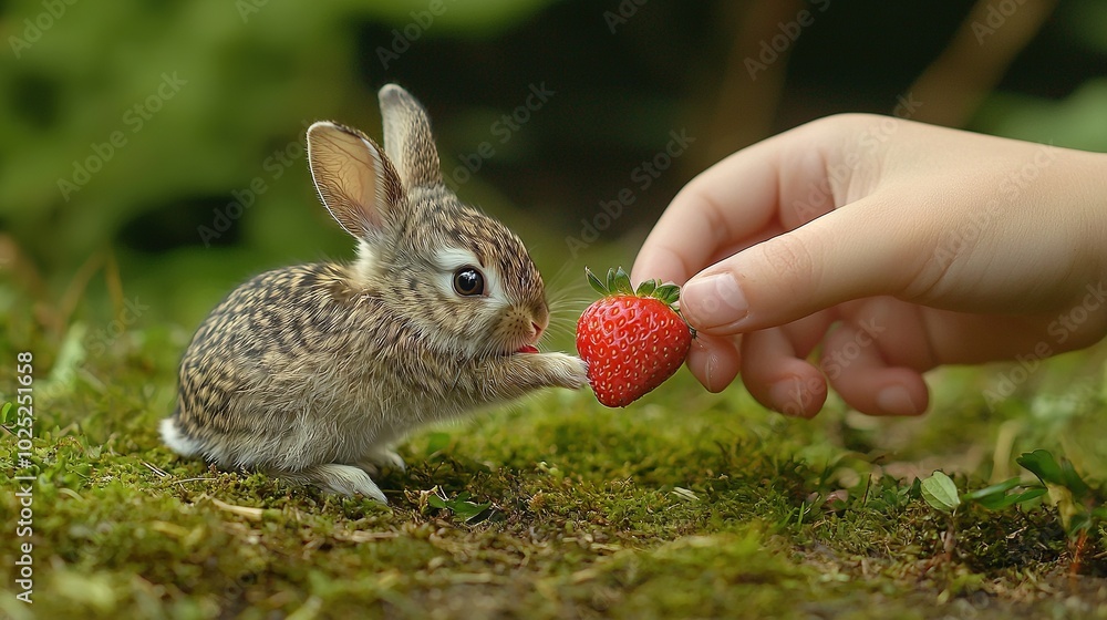 Sticker   A person holding a strawberry for a little rabbit to eat on a grassy forest floor