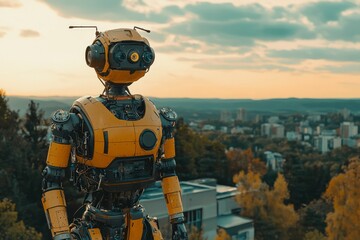 Yellow and Black Robot Standing on a Rooftop Overlooking a City