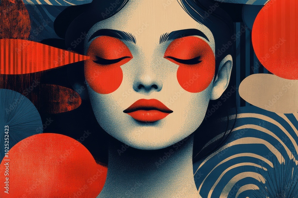 Wall mural Elegant abstract portrait of a woman with closed eyes surrounded by bold red and blue shapes