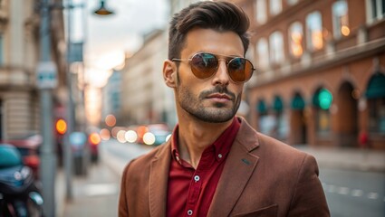 Obraz premium Stylish young man in a brown checkered suit and sunglasses walking confidently on a city street in the afternoon. Generative AI