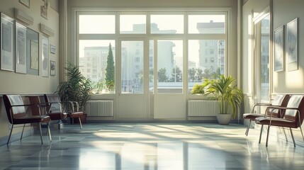 Fototapeta premium A spacious doctor's office with large windows allowing natural light
