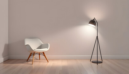 Interior with design armchair, home decor on wooden stand and floor standing light lamp in room isolated with white highlights, png