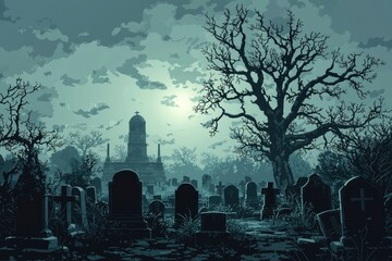 A Graveyard with a Towering Stone Structure Under a Cloudy Sky