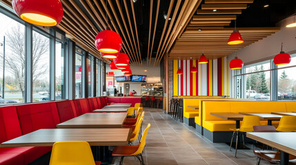 Fototapeta premium Modern Restaurant Interior Design with Red and Yellow Booths Wooden Ceiling and Pendant L