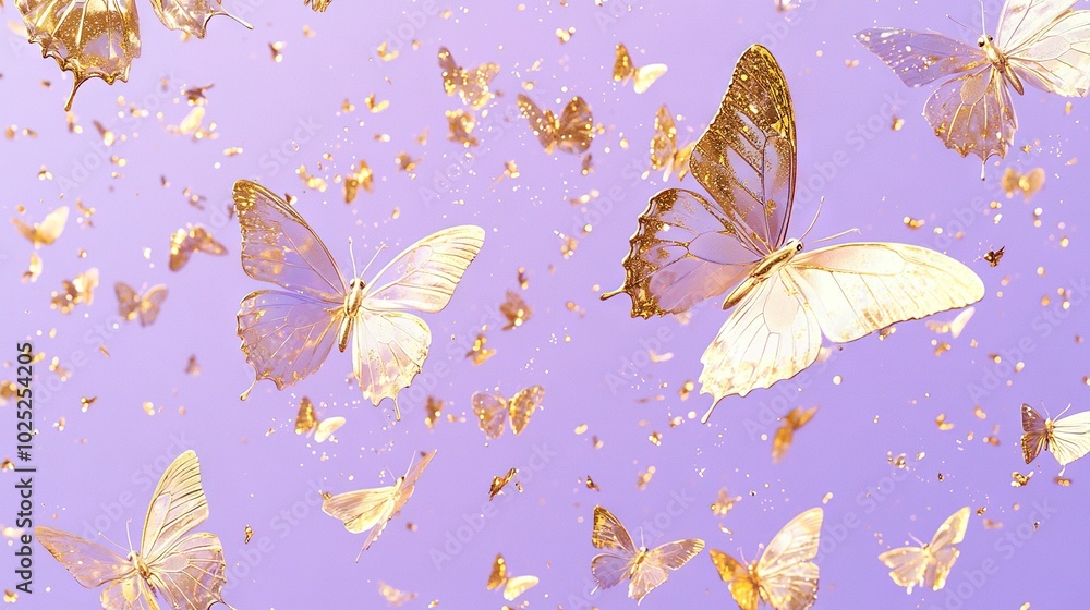 Sticker   Group of golden-flecked butterflies flying in a blue sky