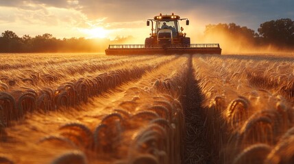 Fototapeta premium A tractor harvests wheat in a field at sunset. The golden wheat field is illuminated by the warm light of the setting sun.