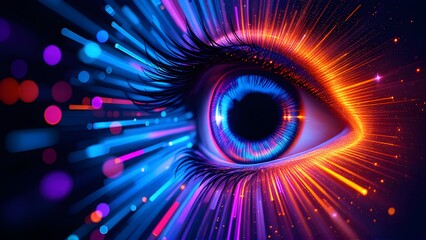 Futuristic Digital Eye with Neon Lights and Bokeh Effects
